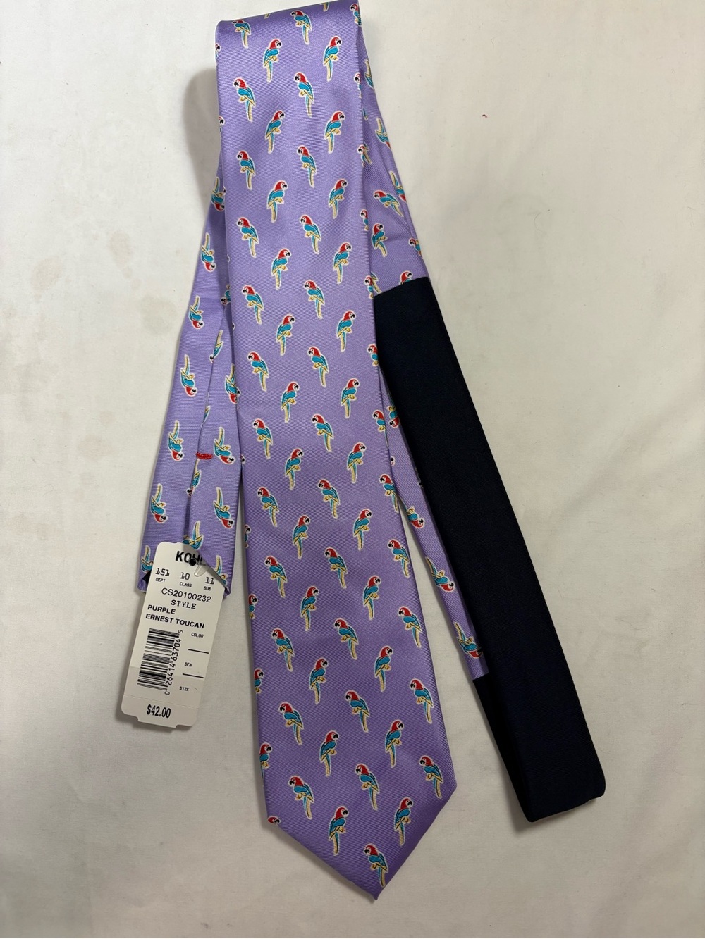 Chaps Purple 100% Silk Tie with Colorful Toucan Repeat